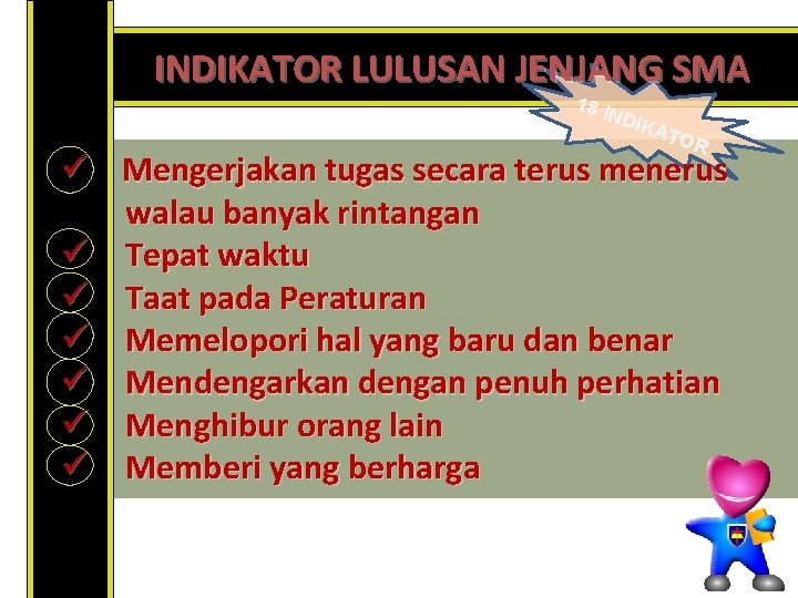 INDIKATOR LULUSAN JENJANG SMA 18 I NDI KAT OR ü Mengerjakan tugas secara terus