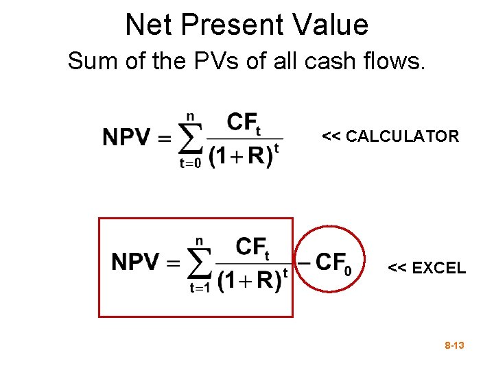 Net Present Value Sum of the PVs of all cash flows. << CALCULATOR <<