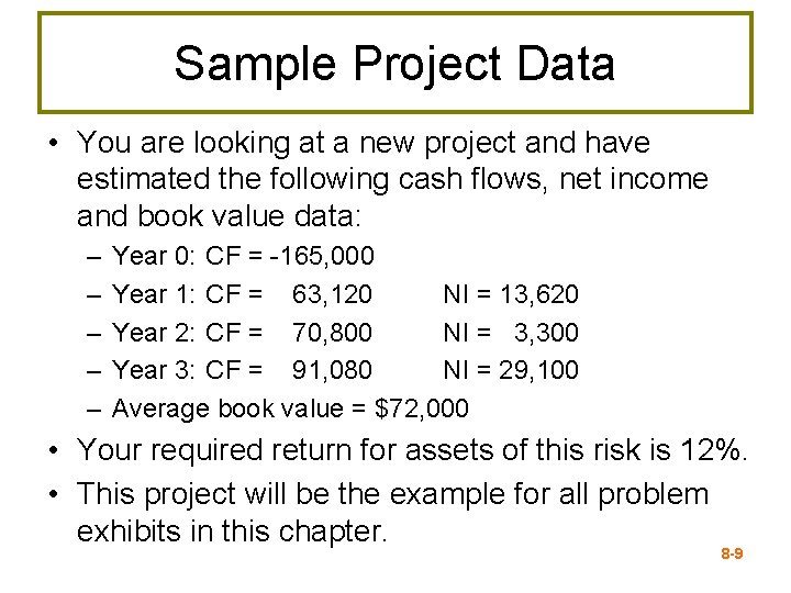 Sample Project Data • You are looking at a new project and have estimated