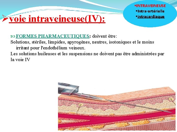 Øvoie intraveineuse(IV): §INTRAVEINEUSE §Intra-artérielle §intracardiaque FORMES PHARMACEUTIQUES: doivent être: Solutions, stériles, limpides, apyrogènes, neutres,