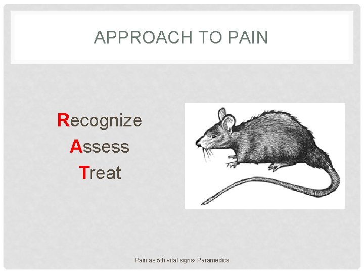 APPROACH TO PAIN Recognize Assess Treat Pain as 5 th vital signs- Paramedics 