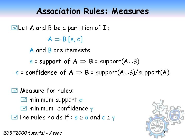 Association Rules: Measures +Let A and B be a partition of I : A