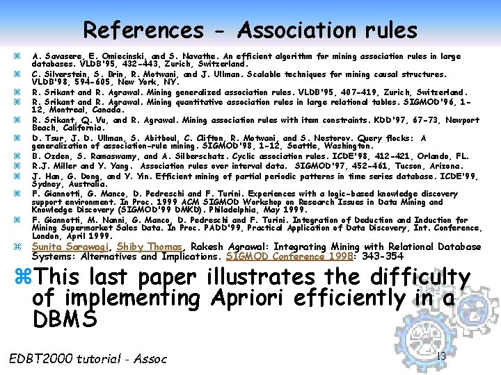 References - Association rules z z z A. Savasere, E. Omiecinski, and S. Navathe.