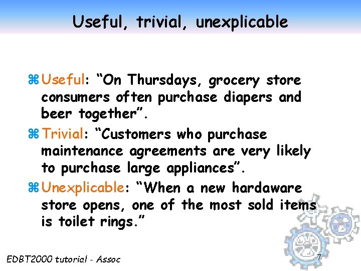 Useful, trivial, unexplicable z Useful: “On Thursdays, grocery store consumers often purchase diapers and