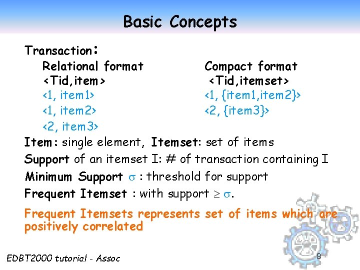 Basic Concepts Transaction: Relational format Compact format <Tid, item> <Tid, itemset> <1, item 1>