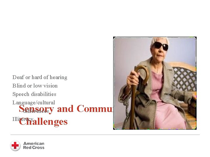 Deaf or hard of hearing Blind or low vision Speech disabilities Language/cultural differences Illiteracy