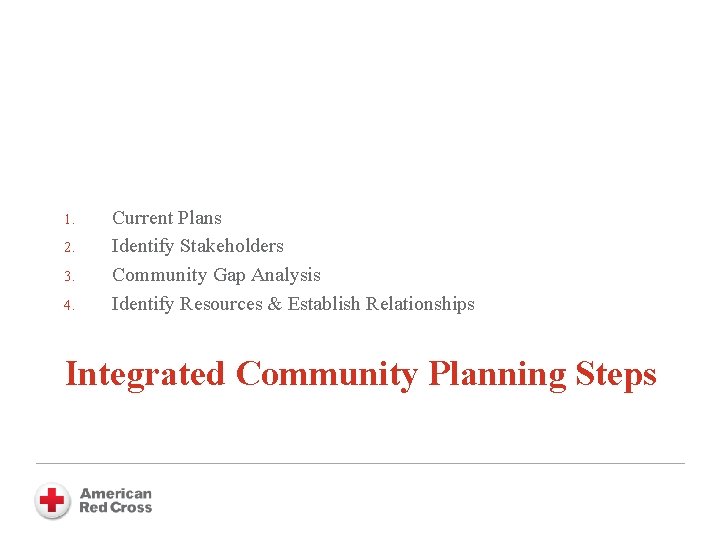 1. 2. 3. 4. Current Plans Identify Stakeholders Community Gap Analysis Identify Resources &