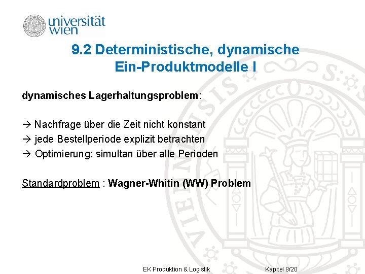 9. 2 Deterministische, dynamische Ein-Produktmodelle I dynamisches Lagerhaltungsproblem: Nachfrage über die Zeit nicht konstant