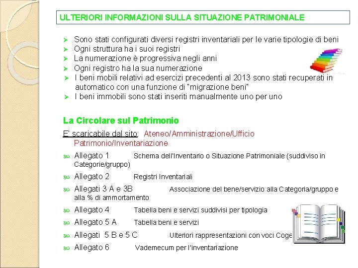 ULTERIORI INFORMAZIONI SULLA SITUAZIONE PATRIMONIALE Sono stati configurati diversi registri inventariali per le varie