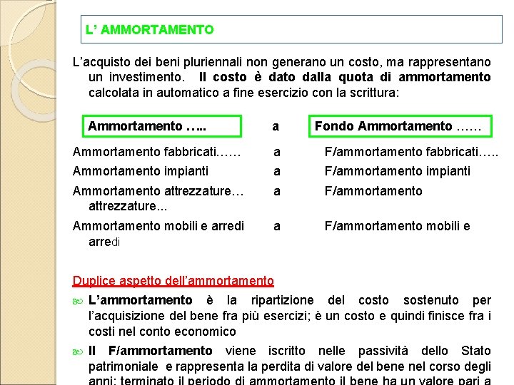 L’ AMMORTAMENTO L’acquisto dei beni pluriennali non generano un costo, ma rappresentano un investimento.