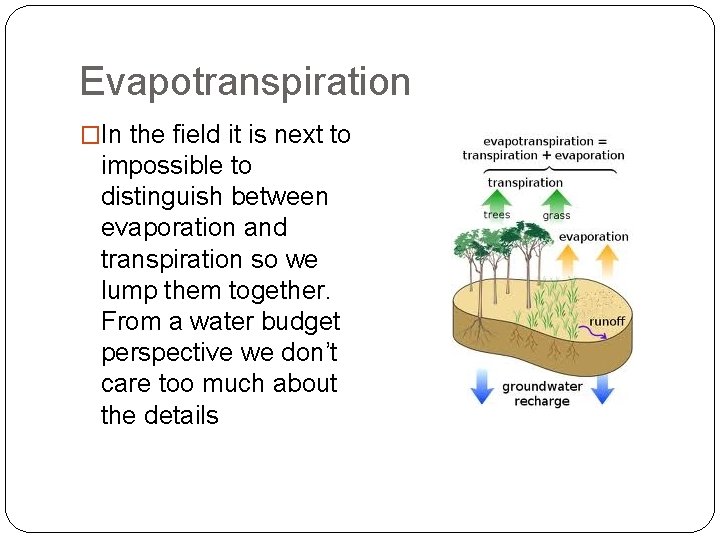 Evapotranspiration �In the field it is next to impossible to distinguish between evaporation and