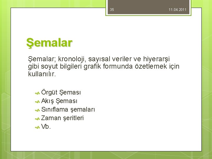 35 11. 04. 2011 Şemalar; kronoloji, sayısal veriler ve hiyerarşi gibi soyut bilgileri grafik