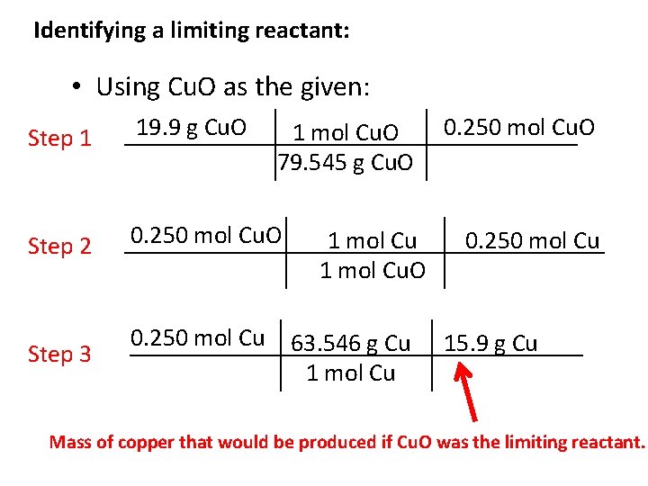 Identifying a limiting reactant: • Using Cu. O as the given: Step 1 19.