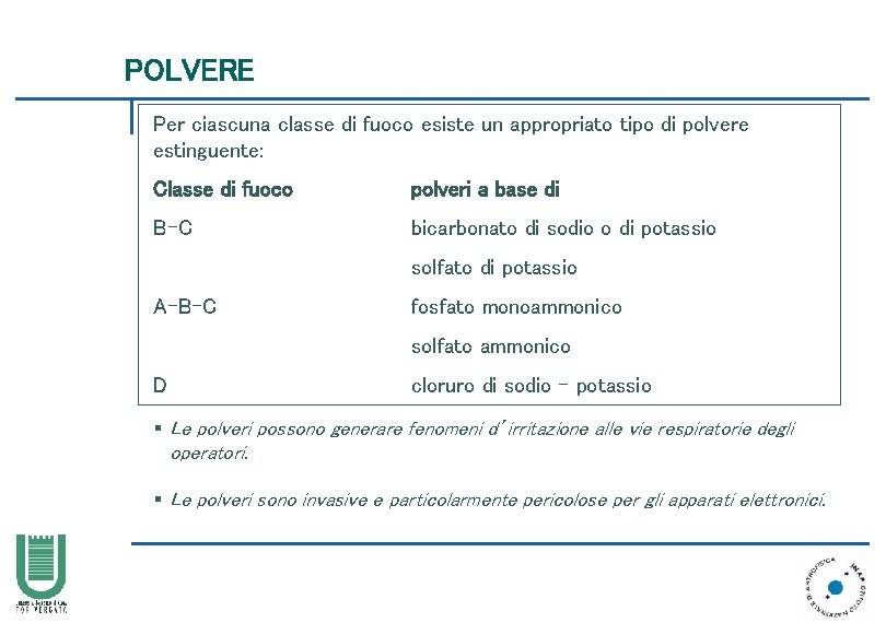 POLVERE Per ciascuna classe di fuoco esiste un appropriato tipo di polvere estinguente: Classe