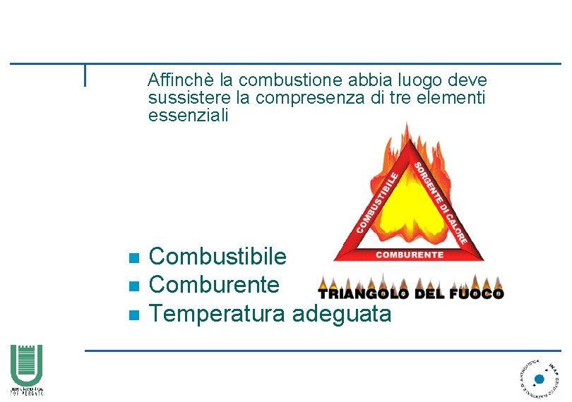 IL FUOCO Affinchè la combustione abbia luogo deve sussistere la compresenza di tre elementi