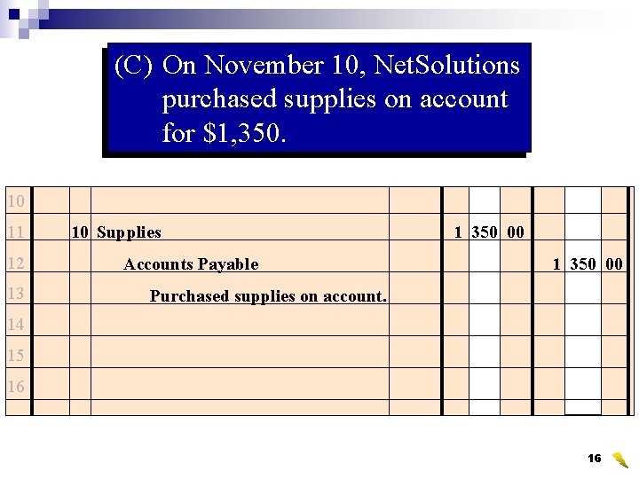 (C) On November 10, Net. Solutions purchased supplies on account for $1, 350. 10