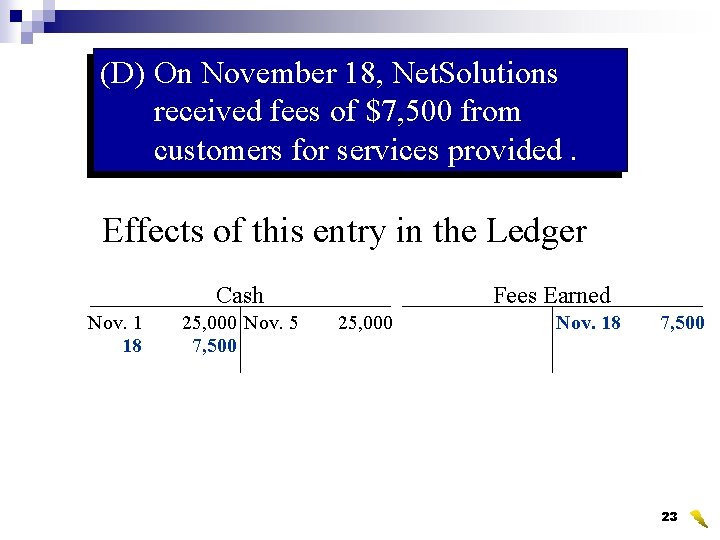 (D) On November 18, Net. Solutions received fees of $7, 500 from customers for