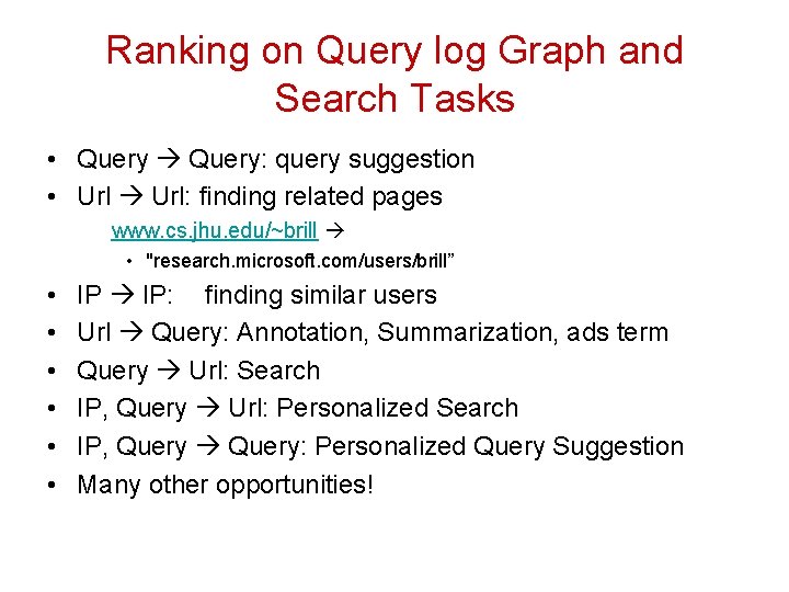 Ranking on Query log Graph and Search Tasks • Query: query suggestion • Url: Ranking on Query log Graph and Search Tasks • Query: query suggestion • Url: