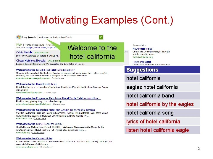 Motivating Examples (Cont. ) Welcome to the hotel california Suggestions hotel california eagles hotel Motivating Examples (Cont. ) Welcome to the hotel california Suggestions hotel california eagles hotel
