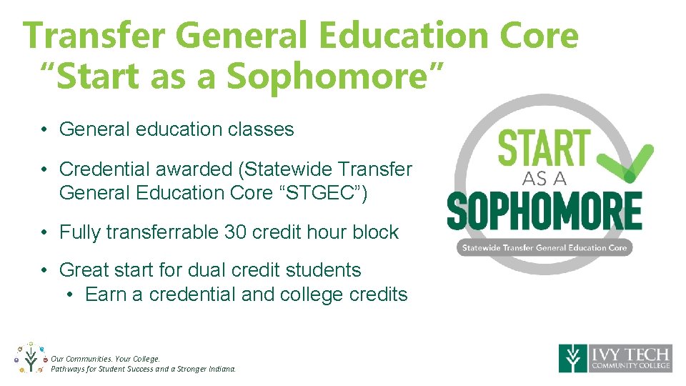 Transfer General Education Core “Start as a Sophomore” • General education classes • Credential