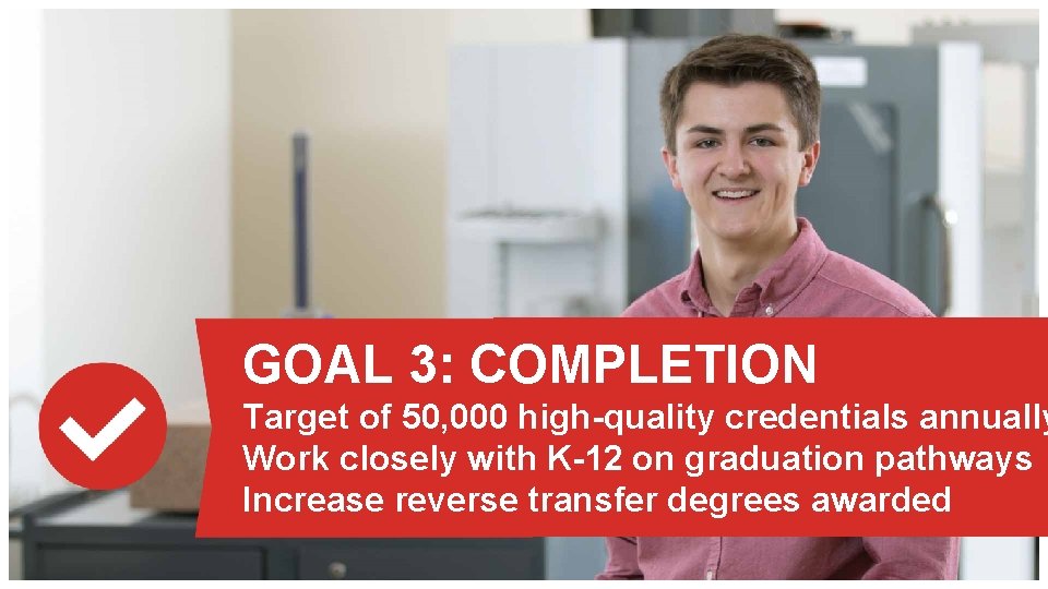 GOAL 3: COMPLETION Target of 50, 000 high-quality credentials annually Work closely with K-12