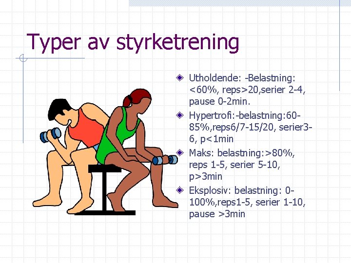 Typer av styrketrening Utholdende: -Belastning: <60%, reps>20, serier 2 -4, pause 0 -2 min.