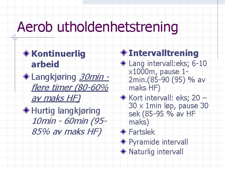 Aerob utholdenhetstrening Kontinuerlig arbeid Langkjøring 30 min - flere timer (80 -60% av maks