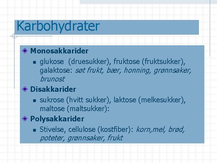 Karbohydrater Monosakkarider n glukose (druesukker), fruktose (fruktsukker), galaktose: søt frukt, bær, honning, grønnsaker, brunost