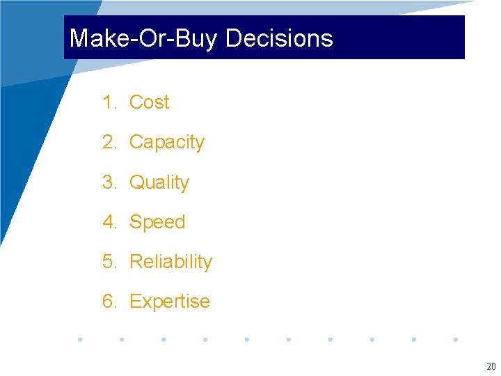 Make-Or-Buy Decisions 1. Cost 2. Capacity 3. Quality 4. Speed 5. Reliability 6. Expertise
