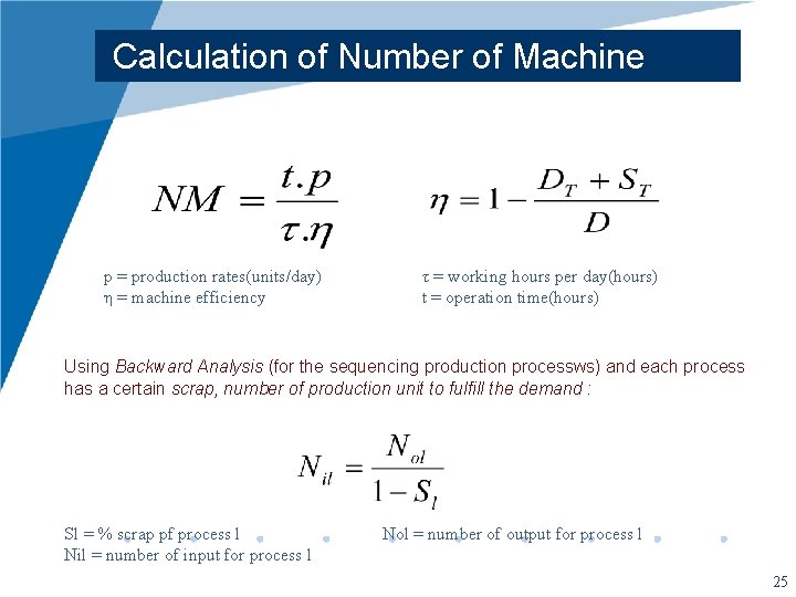 Calculation of Number of Machine p = production rates(units/day) η = machine efficiency τ