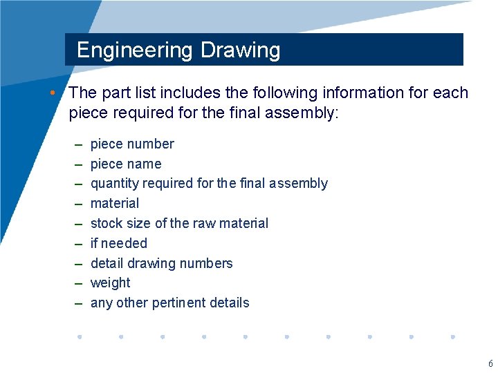 Engineering Drawing • The part list includes the following information for each piece required