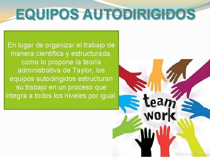 EQUIPOS AUTODIRIGIDOS En lugar de organizar el trabajo de manera científica y estructurada, como