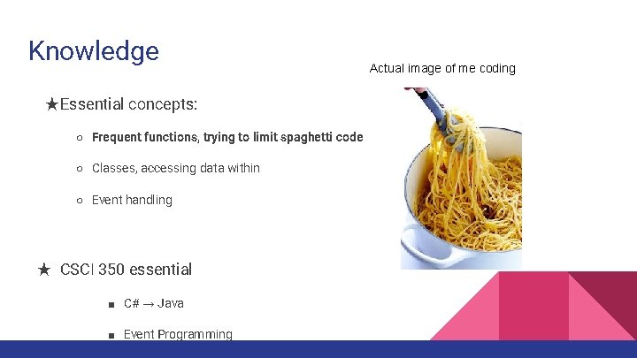Knowledge ★Essential concepts: ○ Frequent functions, trying to limit spaghetti code ○ Classes, accessing Knowledge ★Essential concepts: ○ Frequent functions, trying to limit spaghetti code ○ Classes, accessing