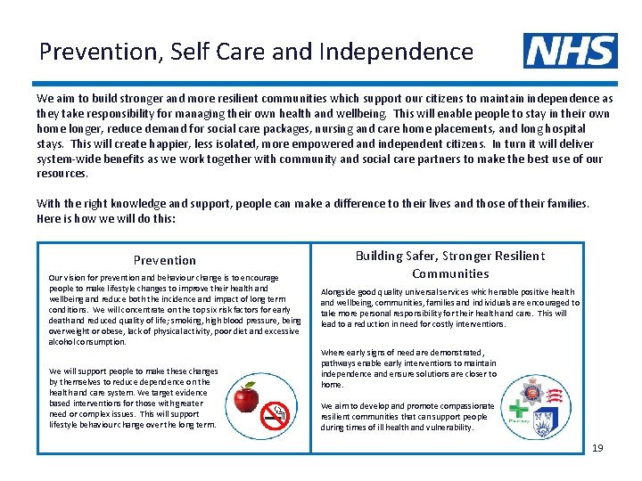 Prevention, Self Care and Independence We aim to build stronger and more resilient communities