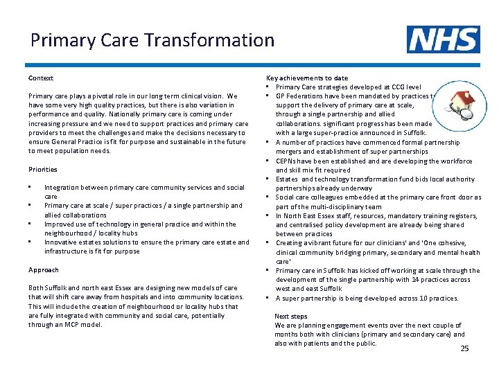 Primary Care Transformation Context Primary care plays a pivotal role in our long term