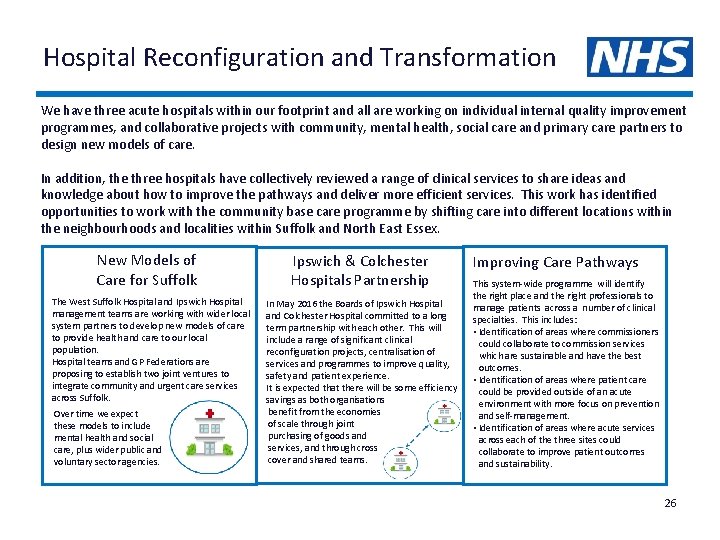 Hospital Reconfiguration and Transformation We have three acute hospitals within our footprint and all