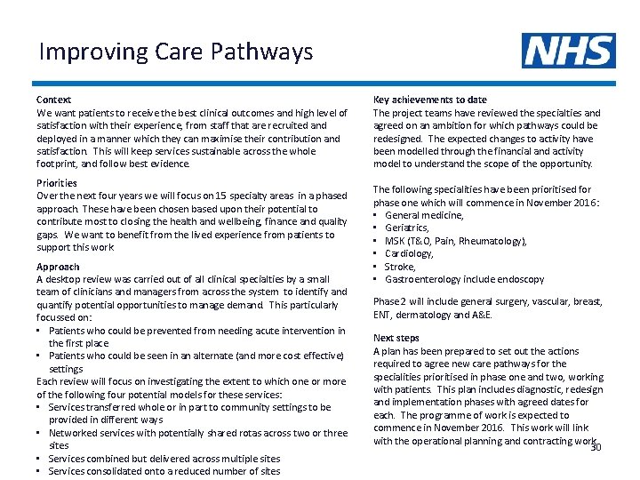 Improving Care Pathways Context We want patients to receive the best clinical outcomes and