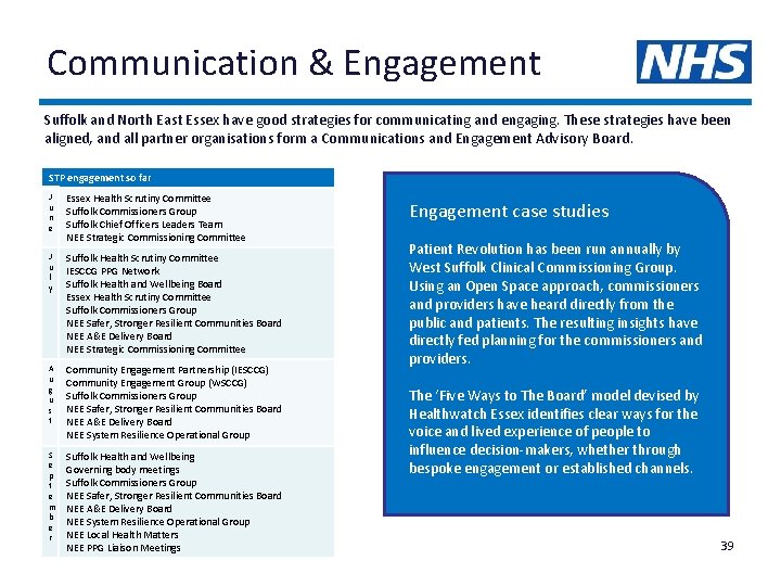 Communication & Engagement Suffolk and North East Essex have good strategies for communicating and