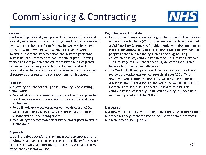 Commissioning & Contracting Context It is becoming nationally recognised that the use of traditional