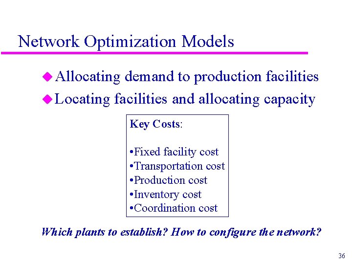 Network Optimization Models u Allocating demand to production facilities u Locating facilities and allocating