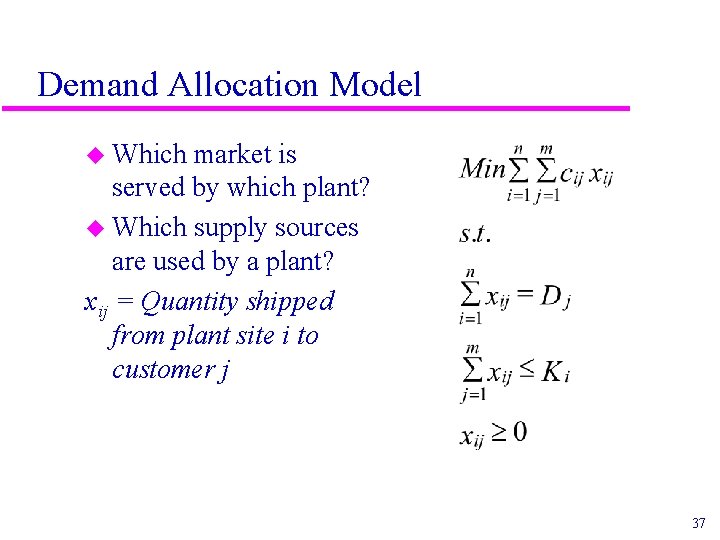 Demand Allocation Model u Which market is served by which plant? u Which supply Demand Allocation Model u Which market is served by which plant? u Which supply