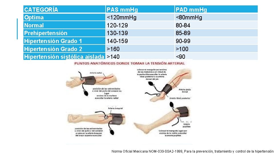 CATEGORÍA Optima Normal Prehipertensión Hipertensión Grado 1 Hipertensión Grado 2 Hipertensión sistólica aislada PAS