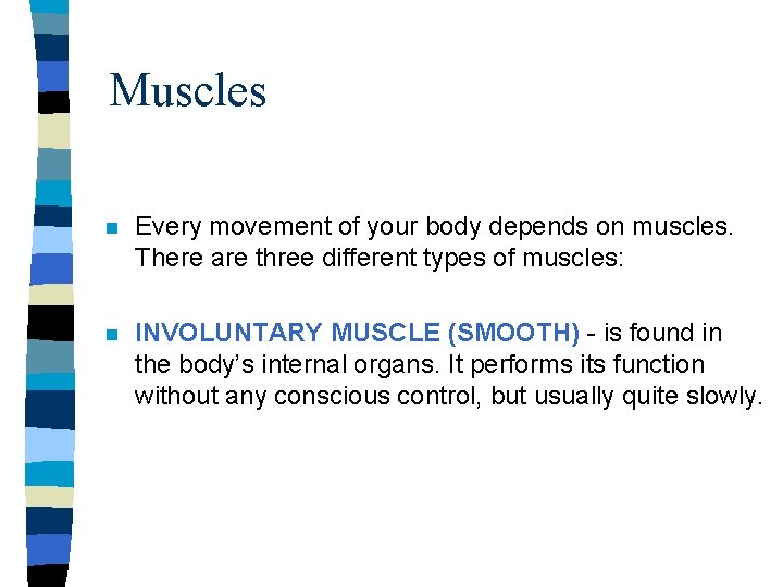 Muscles n Every movement of your body depends on muscles. There are three different