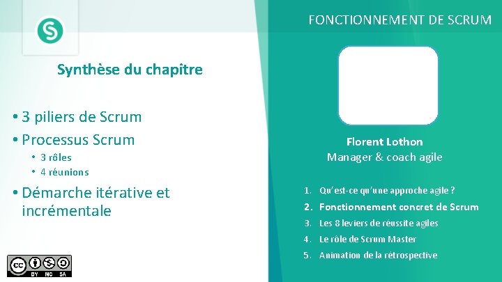 FONCTIONNEMENT DE SCRUM Synthèse du chapitre • 3 piliers de Scrum • Processus Scrum