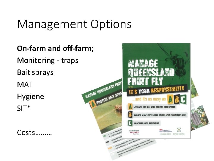 Management Options On-farm and off-farm; Monitoring - traps Bait sprays MAT Hygiene SIT* Costs………