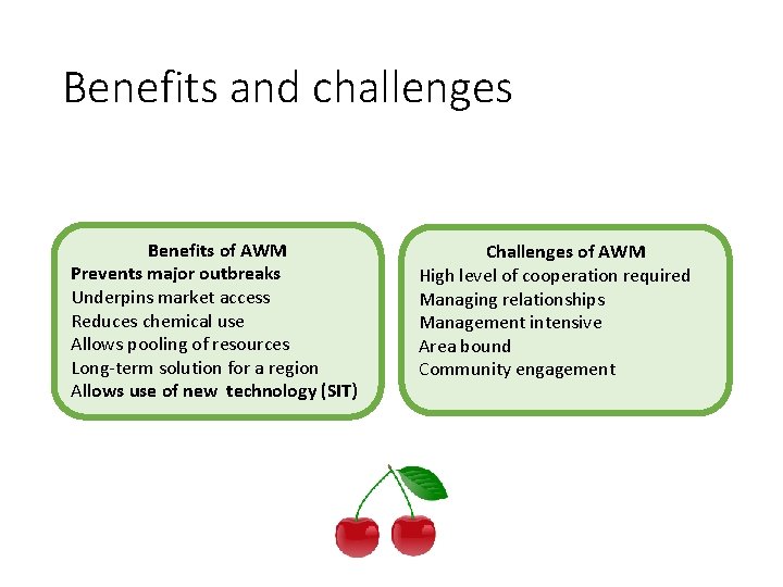 Benefits and challenges Benefits of AWM Prevents major outbreaks Underpins market access Reduces chemical