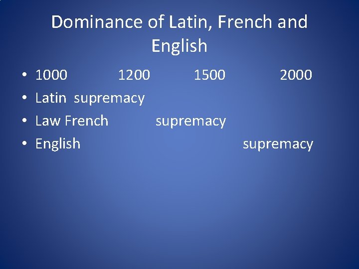 Dominance of Latin, French and English • • 1000 1200 1500 Latin supremacy Law