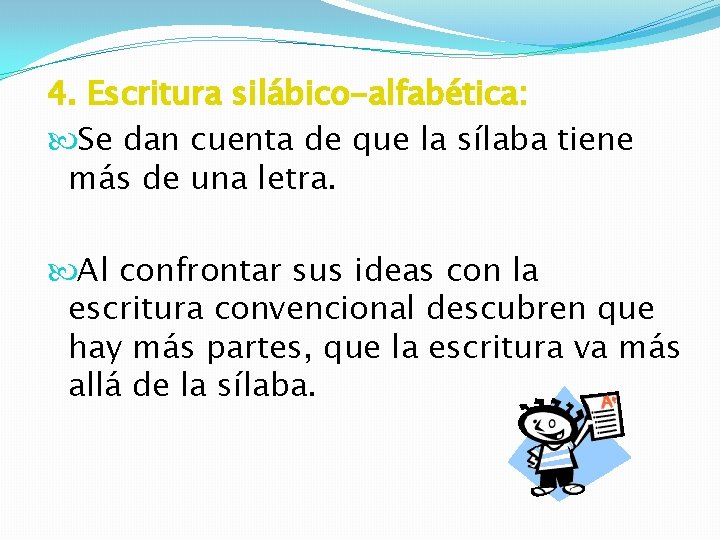 4. Escritura silábico-alfabética: Se dan cuenta de que la sílaba tiene más de una