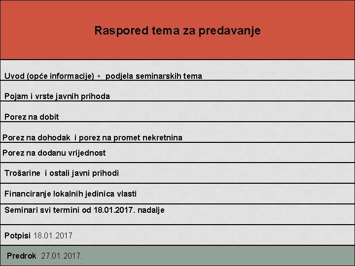 Raspored tema za predavanje Uvod (opće informacije) + podjela seminarskih tema Pojam i vrste