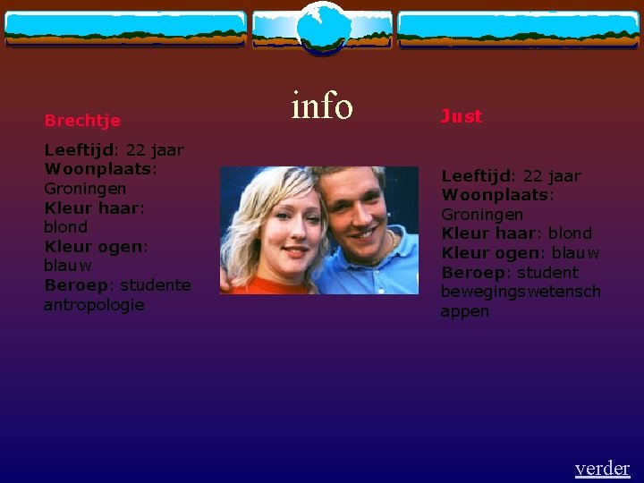 info Brechtje Leeftijd: 22 jaar Woonplaats: Groningen Kleur haar: blond Kleur ogen: blauw Beroep: